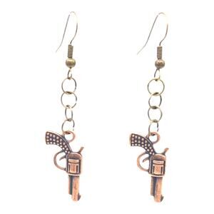 Western Revolver Earrings Bronze Tone Pistol Dangles